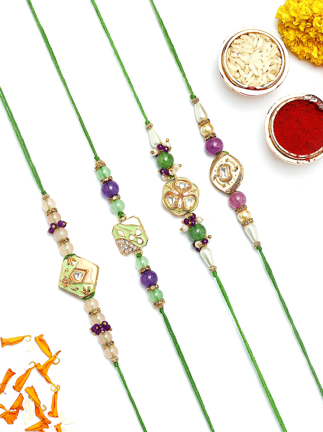 KARATCART Set of 4 Multicolor Beads Traditional Kundan Rakhi for Brother with Roli & Chawal