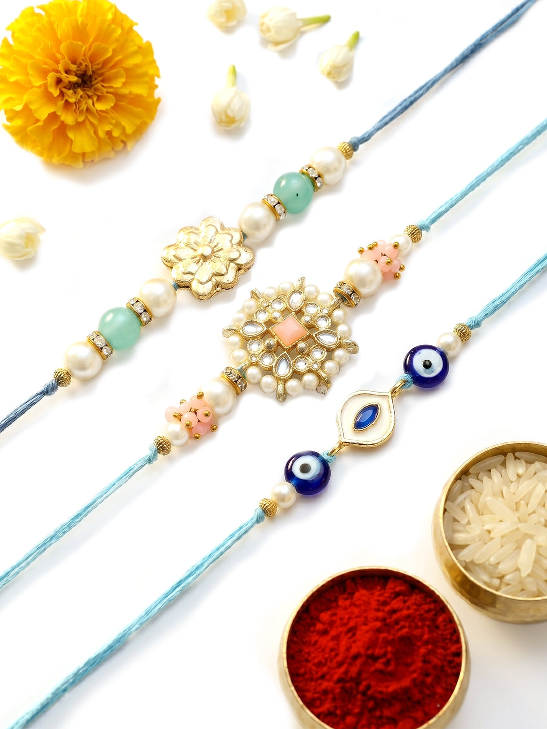 KARATCART Set of 3 Handmade Floral Meenakari Evil Eye Kundan Rakhis for Brother with Roli and Chawal