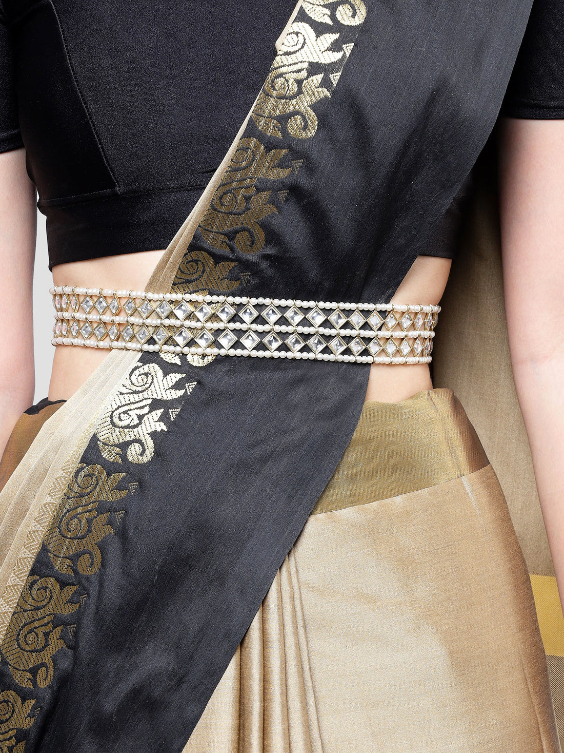 Karatcart Gold Plated Diamond Shape Kundan and Pearl Studded Kamarbandh for Women