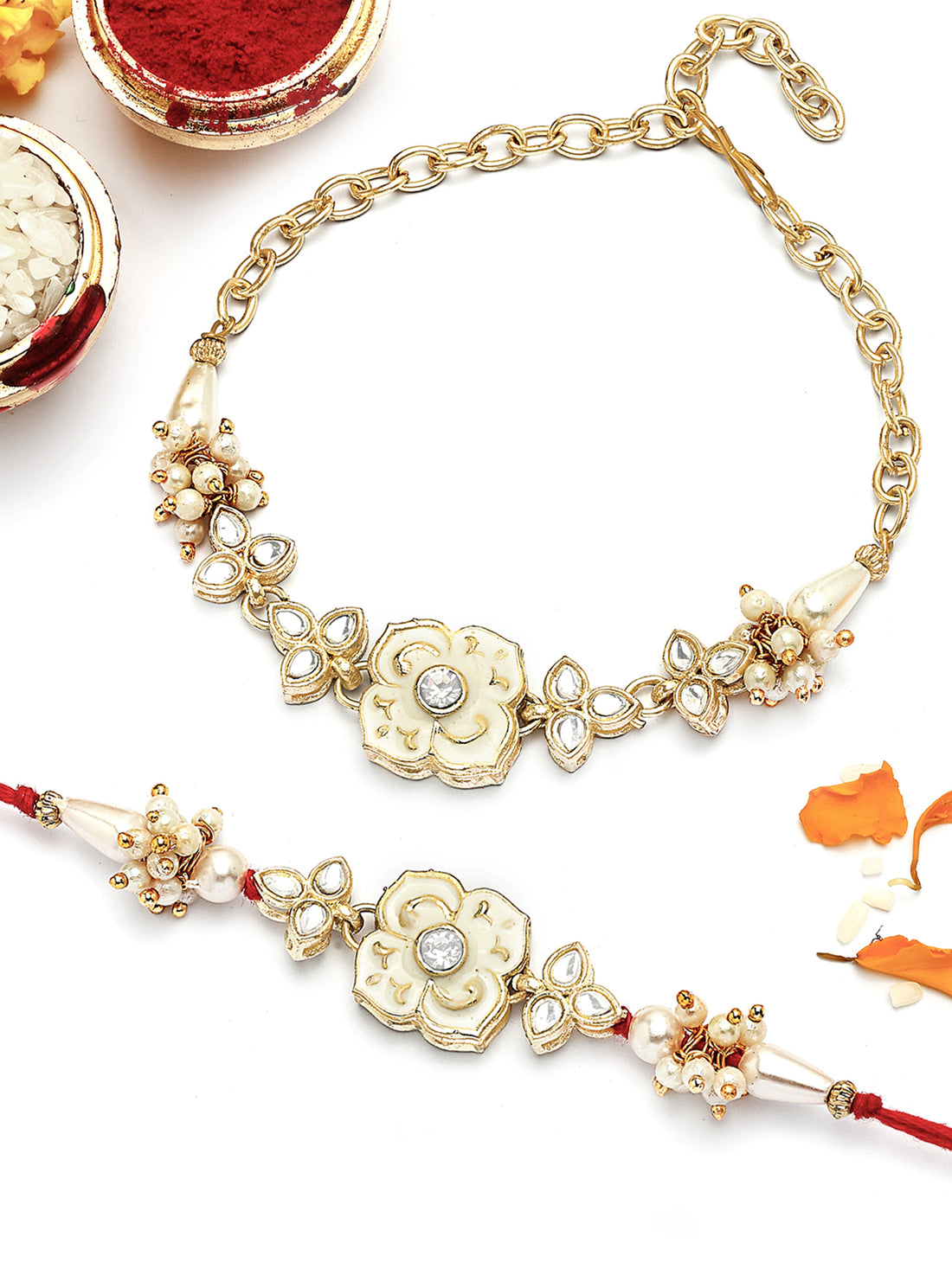 KARATCART Gold Plated White Meena Floral Kundan Bhaiya Bhabhi Rakhi with Roli & Chawal