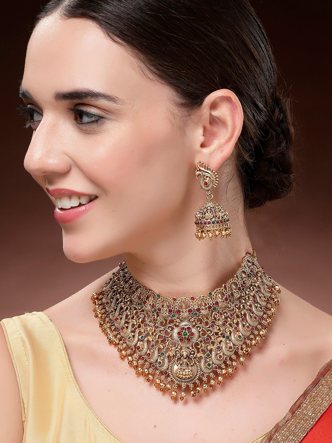 Karatcart Classic Peacock Design Laxmi Mata Choker Temple Jewellery Set for Women