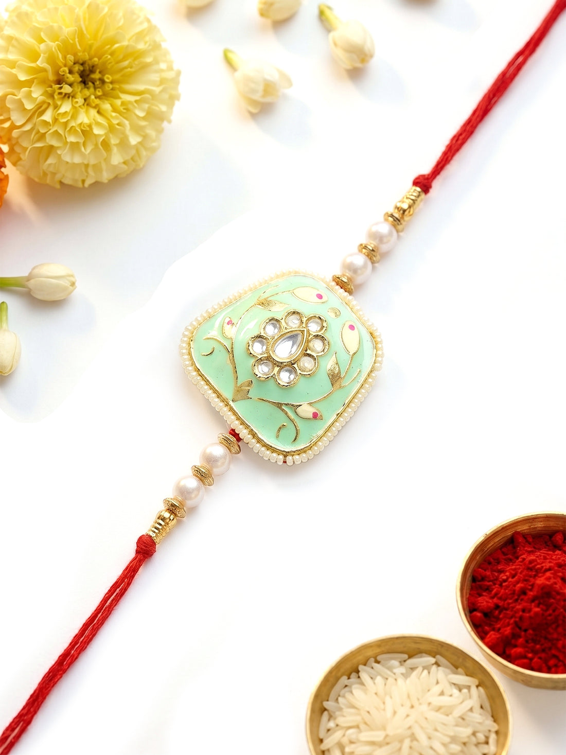 KARATCART Special Lime Green Meenakari Floral Design Handmade Rakhi for Brother with Roli Chawal