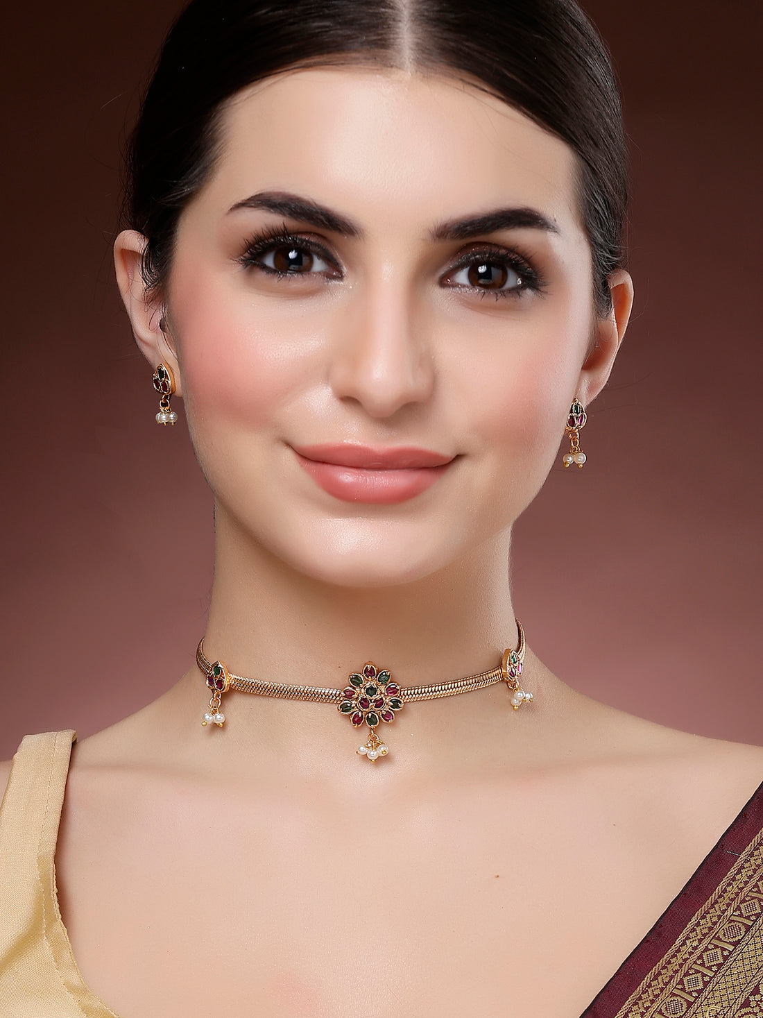 Karatcart Floral Design Gold Plated Red and Green Stone Necklace Set for Women