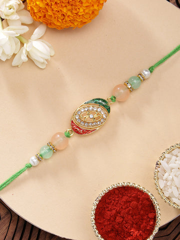 KARATCART Beautiful Crystal Studded Meenakari Handmade Rakhi for Brother with Roli & Chawal