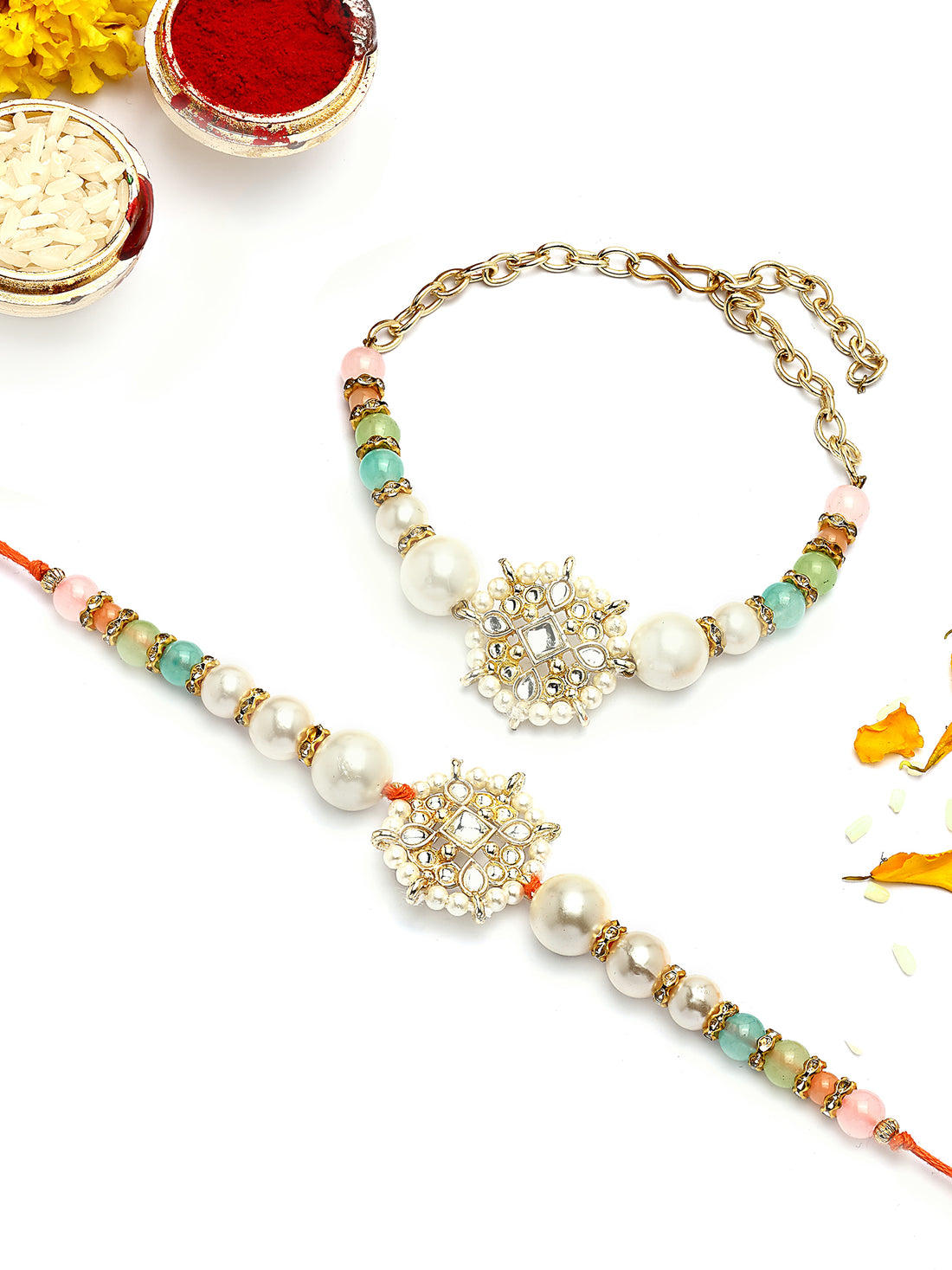 KARATCART Gold Plated Multicolor Beads Floral Kundan Bhaiya Bhabhi Rakhi with Roli & Chawal