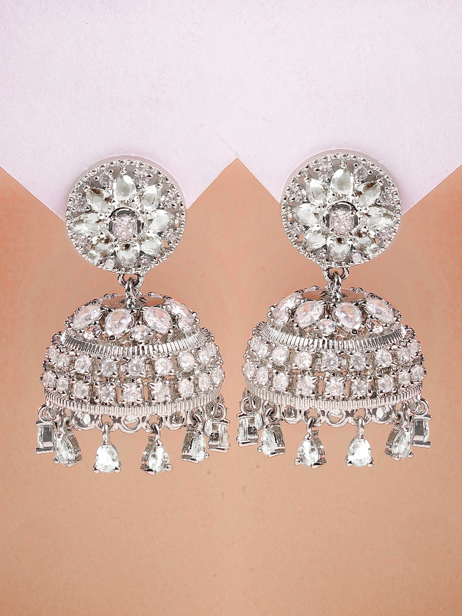 Karatcart Sparkling Silver Plated American Diamond Jhumki Earrings for Women