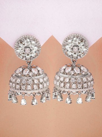 Karatcart Sparkling Silver Plated American Diamond Jhumki Earrings for Women