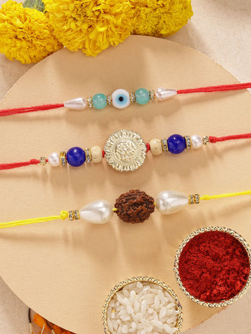 KARATCART Set of 3 Handmade Rudraksha and Kundan Rakhis for Brother with Roli & Chawal