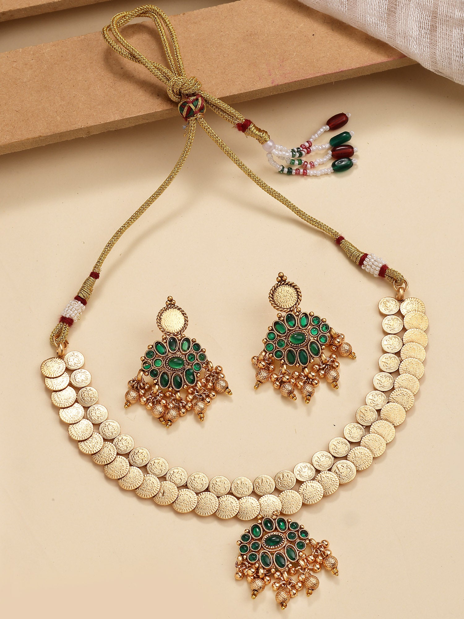 Karatcart Elegant Green Stone Laxmi Mata Printed Coin Design Temple Jewellery Set for Women