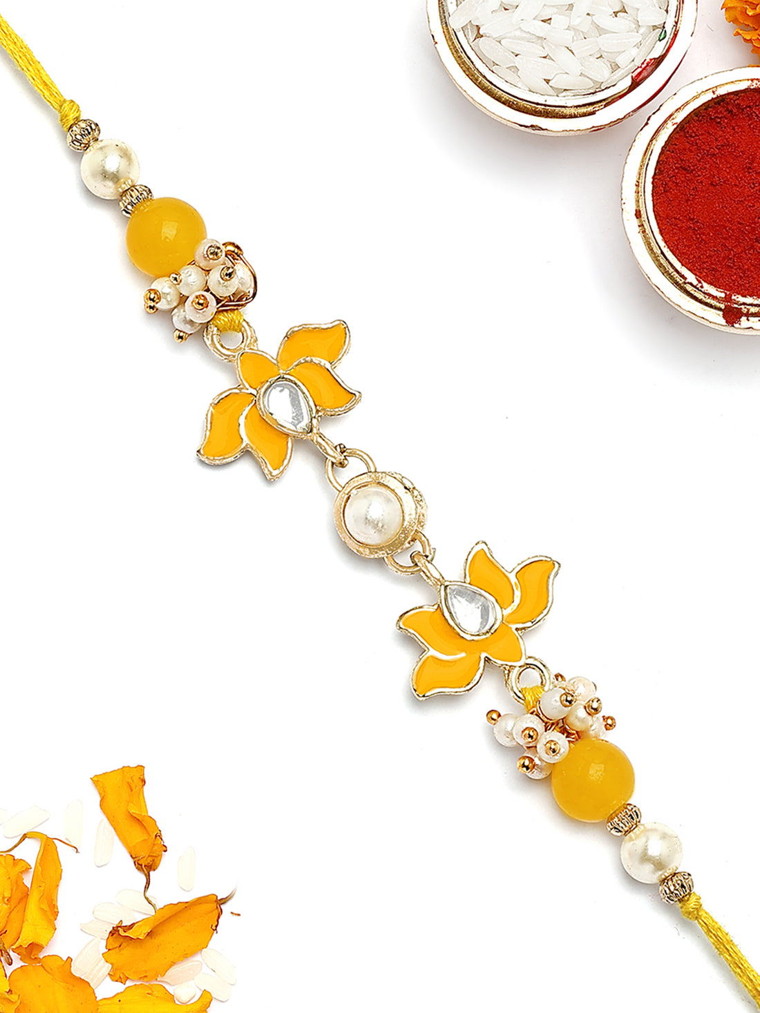 KARATCART Gold Plated Yellow Meena Lotus Kundan Bhaiya Rakhi with Roli & Chawal