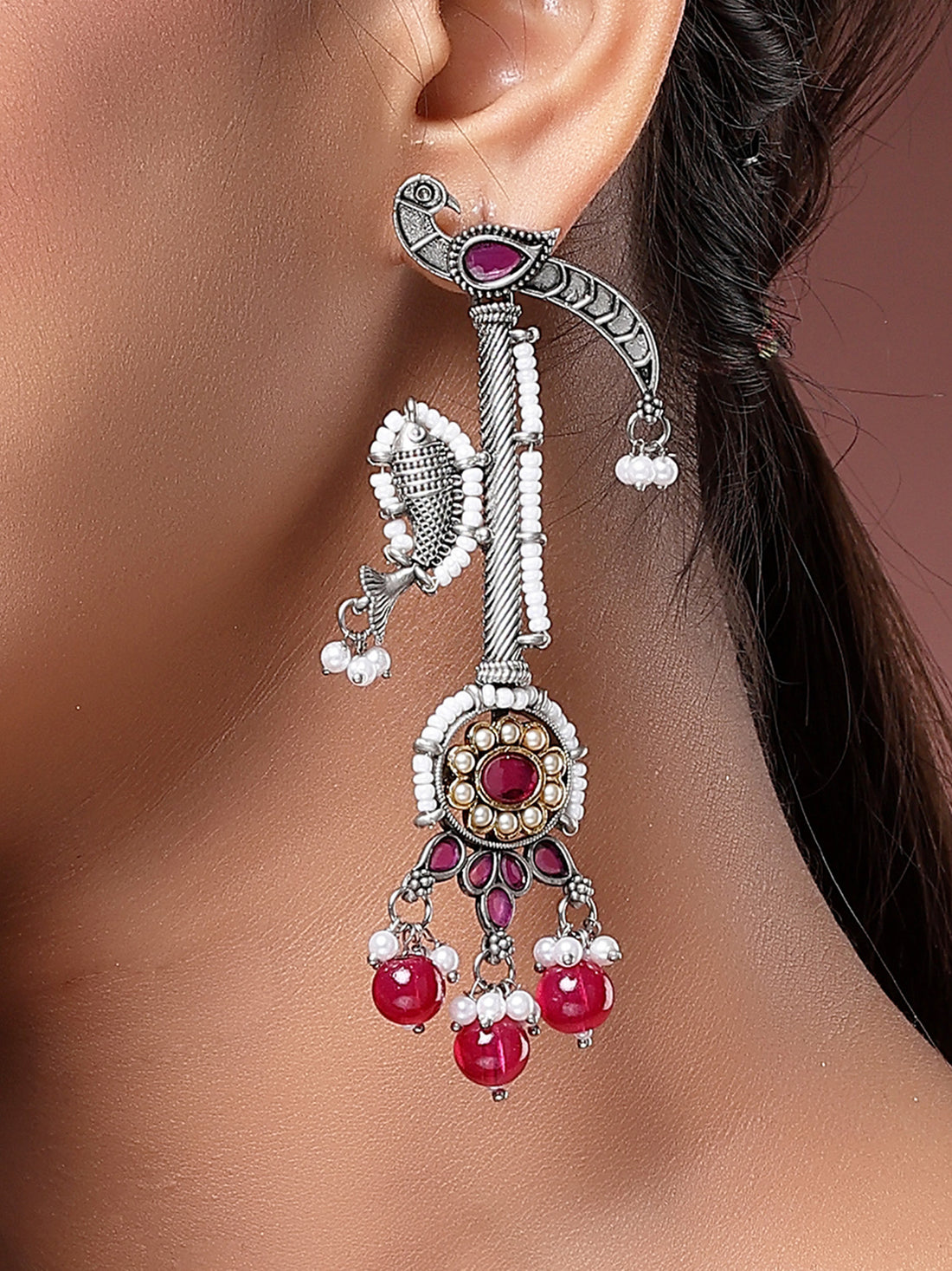 Karatcart Oxidised Silver Peacock Design Tribal Drop Earrings for Women