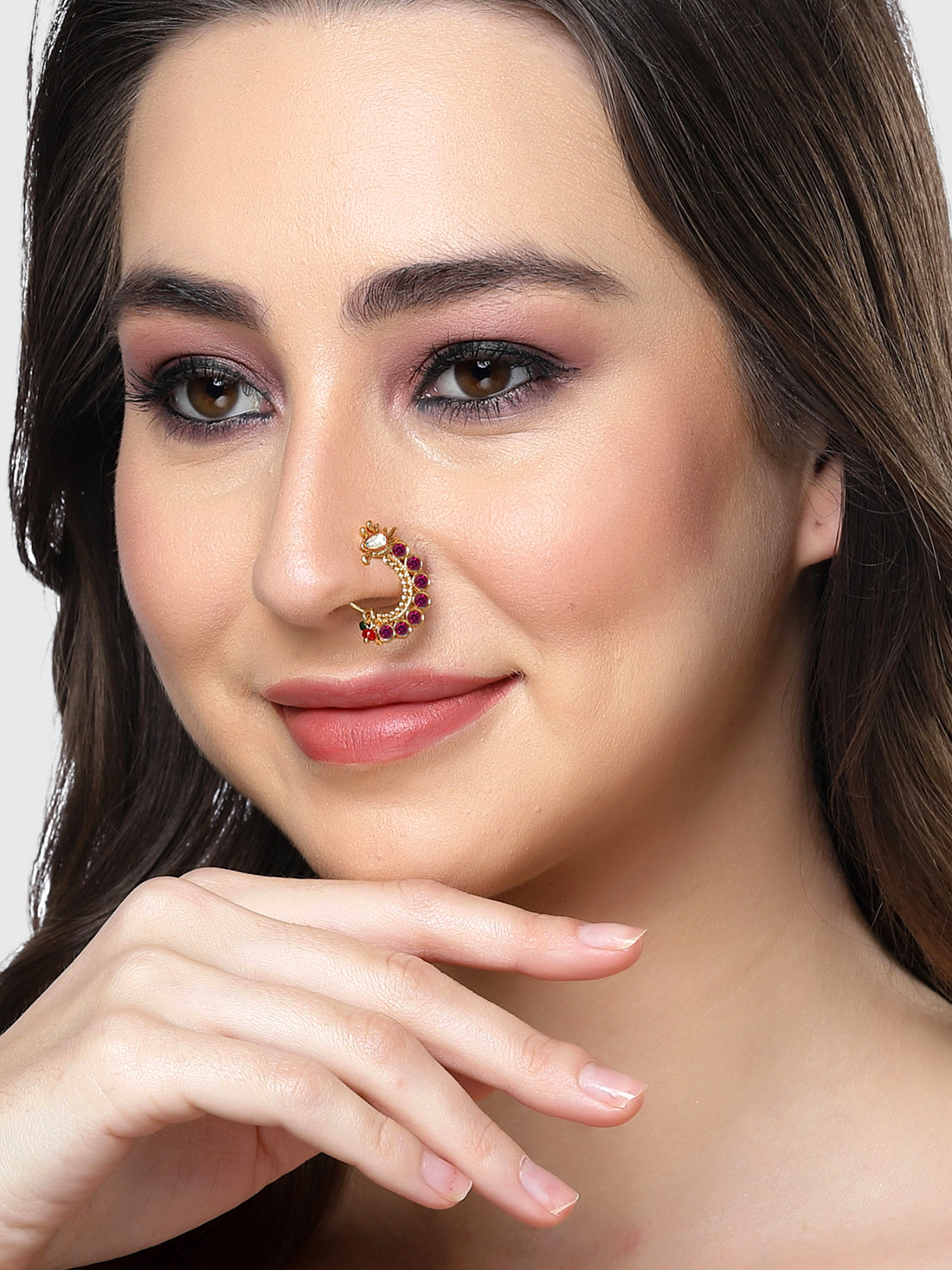 Karatcart Gold Plated Pink Stone Studded Nose Ring for Women