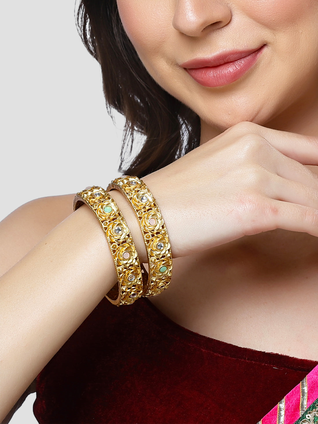 Karatcart Gold Plated Set of 2 Floral Design Multicolor Stone Studded Bangles for Women