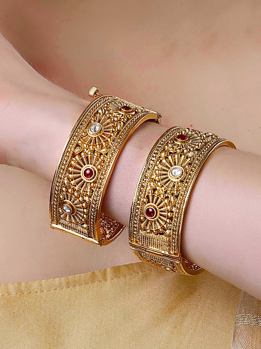Karatcart Set of 2 Gold Plated Rising Sun Design Floral Bangles for Women