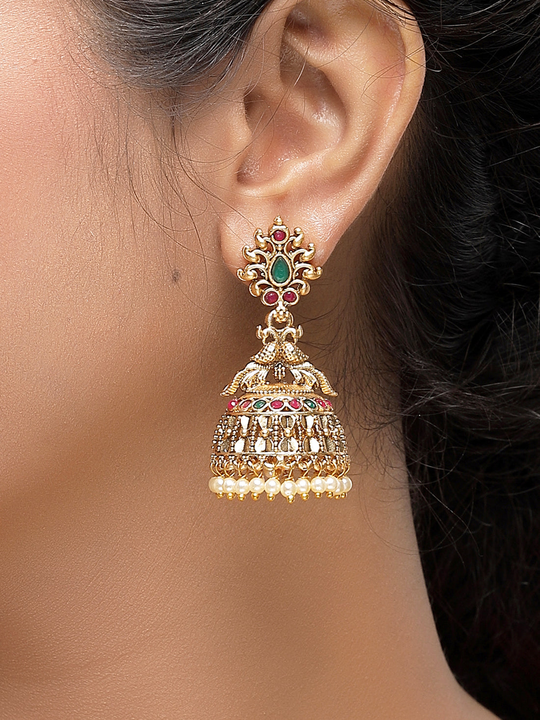 KARATCART Elegant Gold-Plated Peacock Motif Jhumki Earrings with Colorful Stones and Pearls for Women