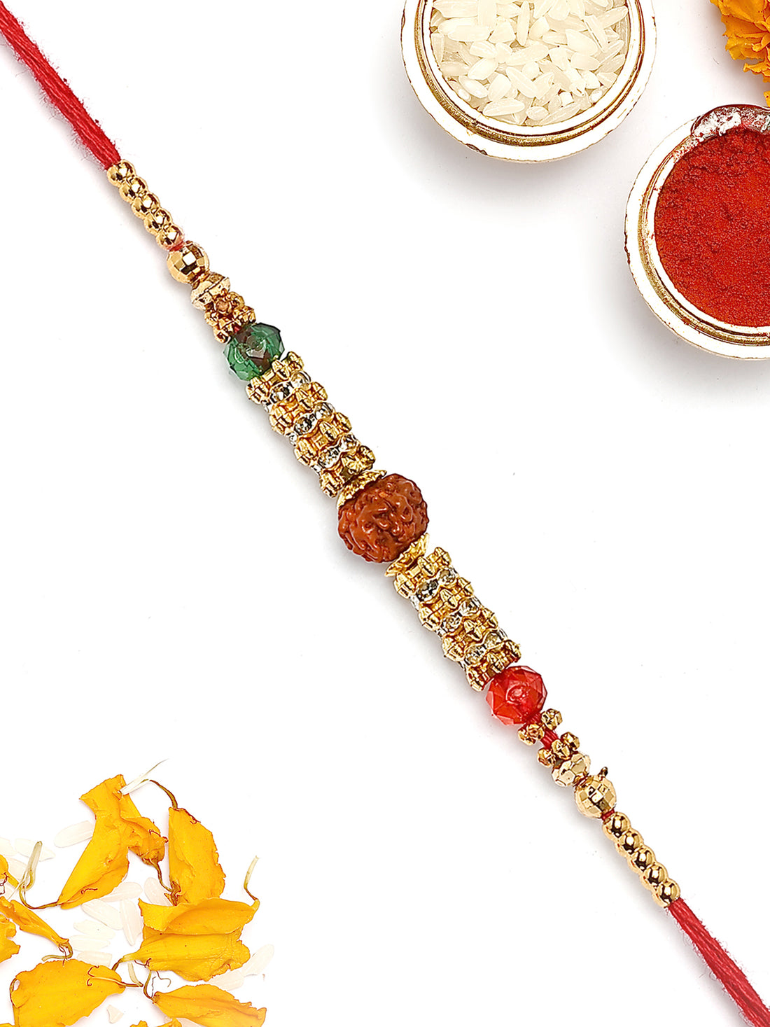 KARATCART Gold Plated Rudraksha Bhaiya Rakhi with Roli & Chawal