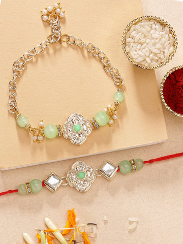 KARATCART Light Green Beads Floral Design Handmade Kundan Bhaiya Bhabhi Rakhi with Roli & Chawal