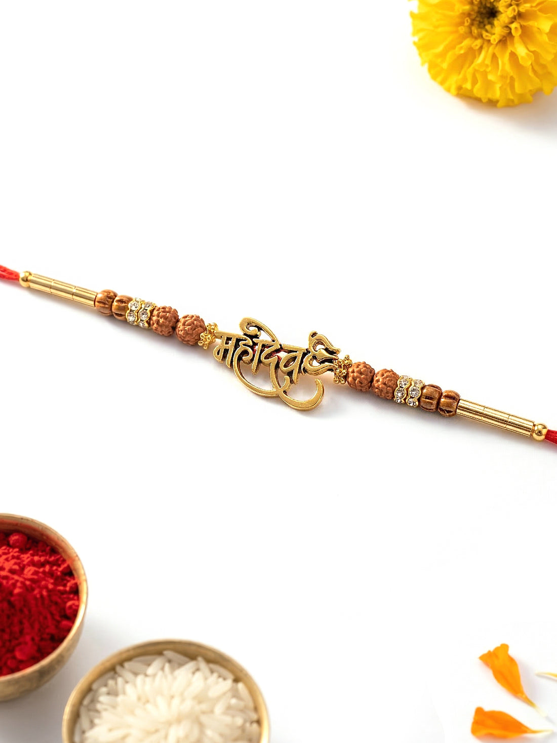 KARATCART Gold Plated Mahadev Letter Designer Bhaiya Rakhi with Roli & Chawal