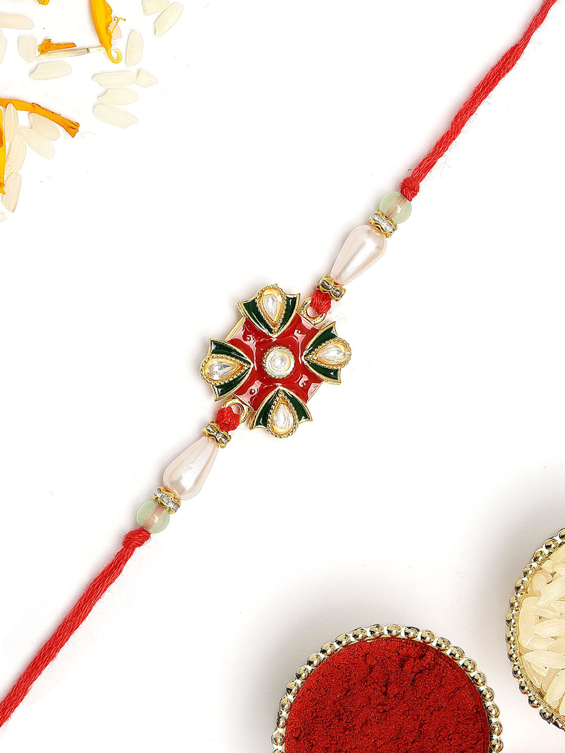 KARATCART Elegant Floral Design Red and Green Meena Handmade Rakhi for Brother with Roli Chawal
