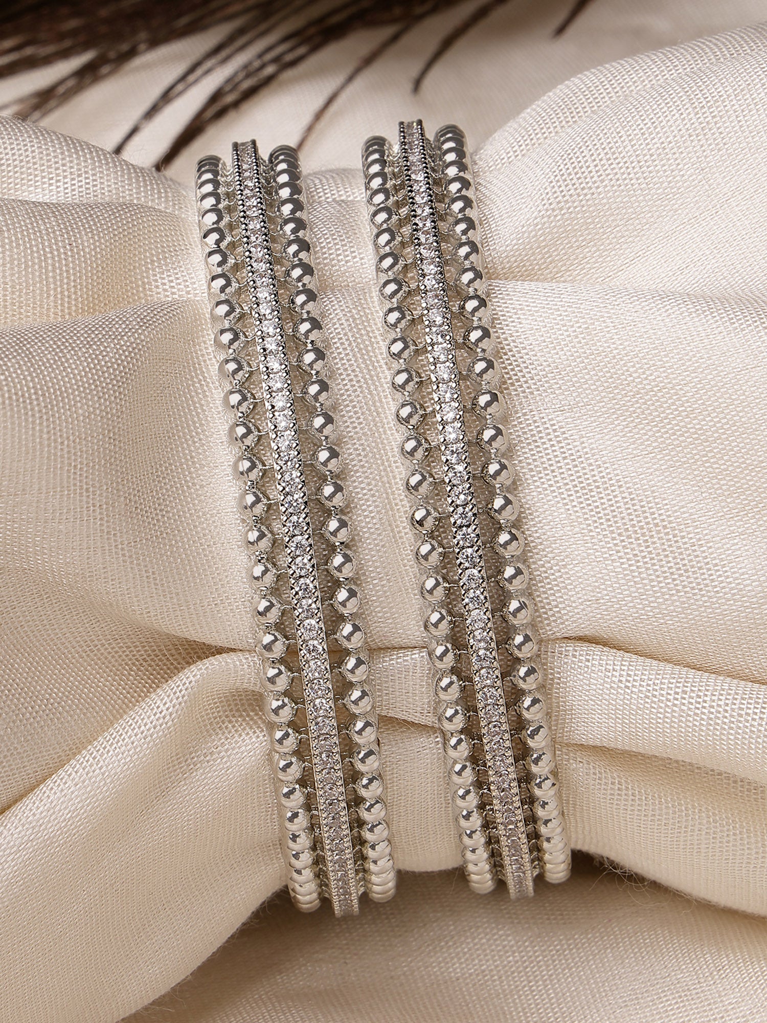 Karatcart Silver Plated Set of 2 American Diamond Studded Bangles for Women