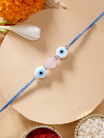 KARATCART Elegant Pink Bead Handmade Evil Eye Rakhi for Brother with Roli & Chawal
