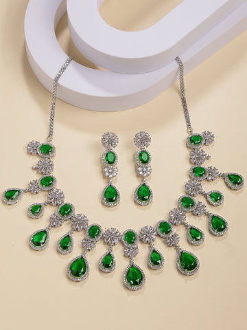 Karatcart Dazzling Silver Plated Green Drop American Diamond Necklace Set for Women