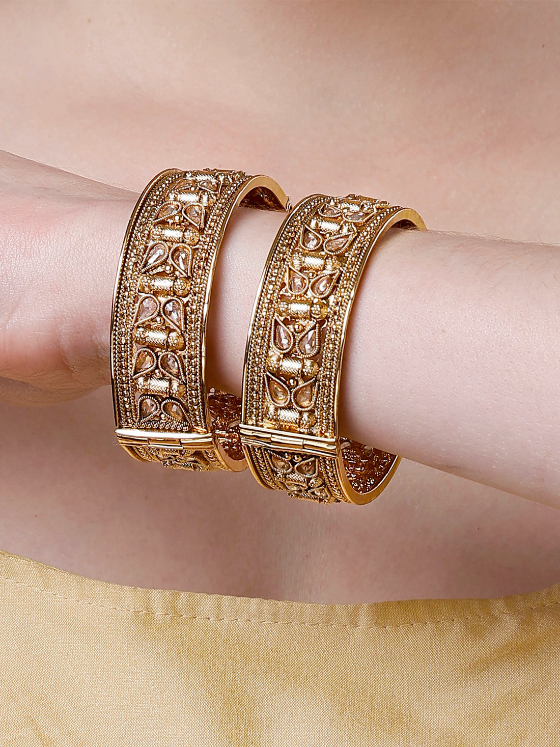 Karatcart Set of 2 Antique Gold Plated Drop Shape Bangles for Women
