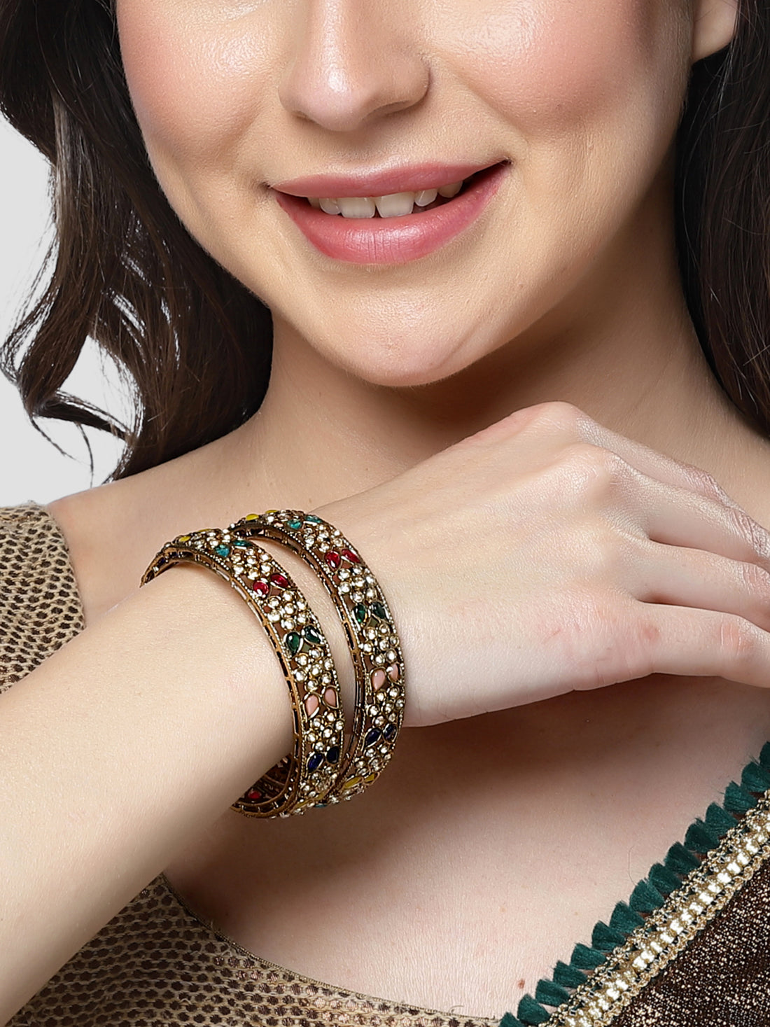 Karatcart Antique Gold Plated Floral Design Multicolor Kundan Studded Bangles for Women