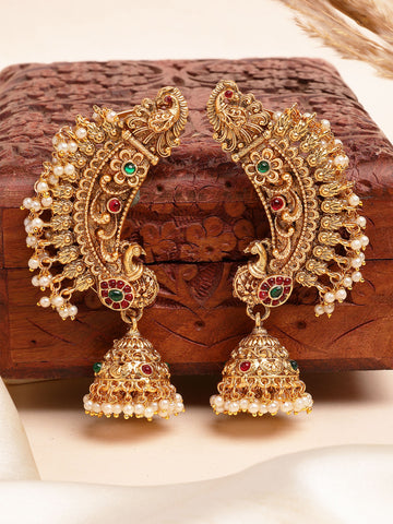 Karatcart Traditional Gold Plated Peacock Design Jhumki Earrings for Women