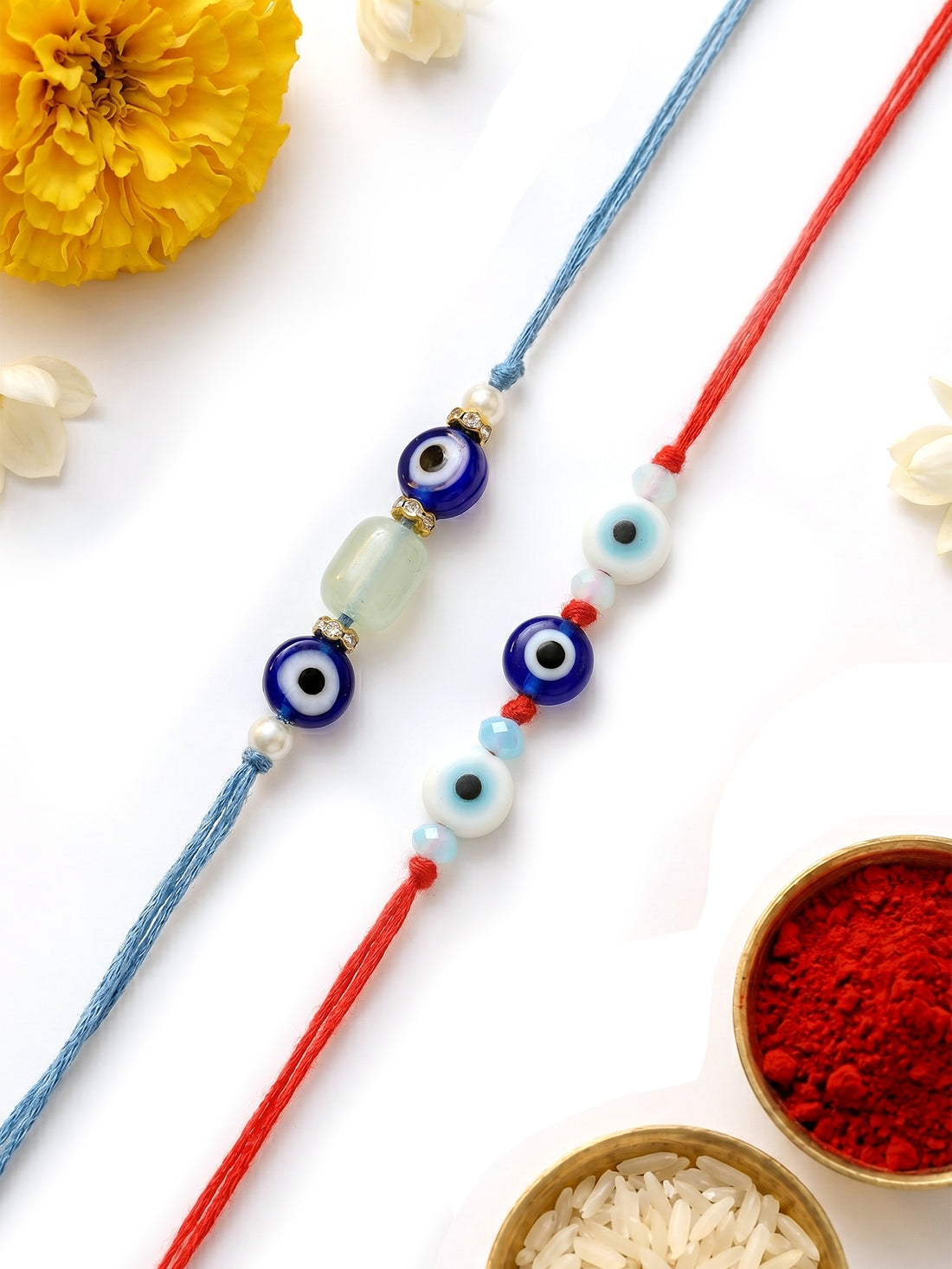 KARATCART Set of 2 Light Blue Evil Eye Handmade Kundan Rakhi for Brother with Roli & Chawal