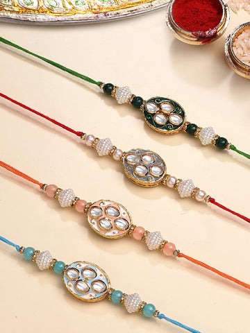 KARATCART Set of 4 Oval Floral Design Enamel Kundan Rakhi for Brother with Roli & Chawal