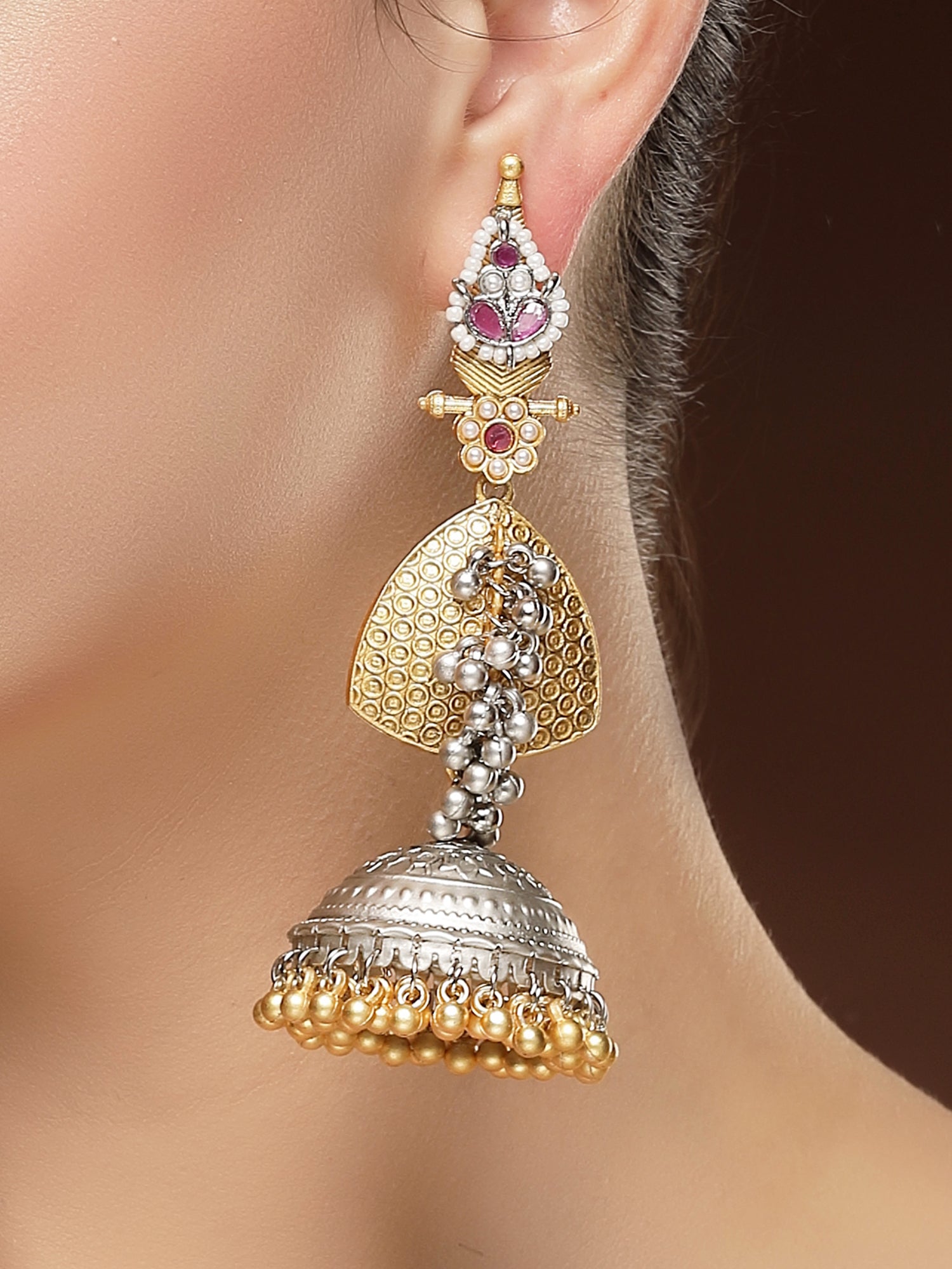 Karatcart Ethnic Gold and Silver Plated Long Dangler Jhumki Earrings for Women - view 2