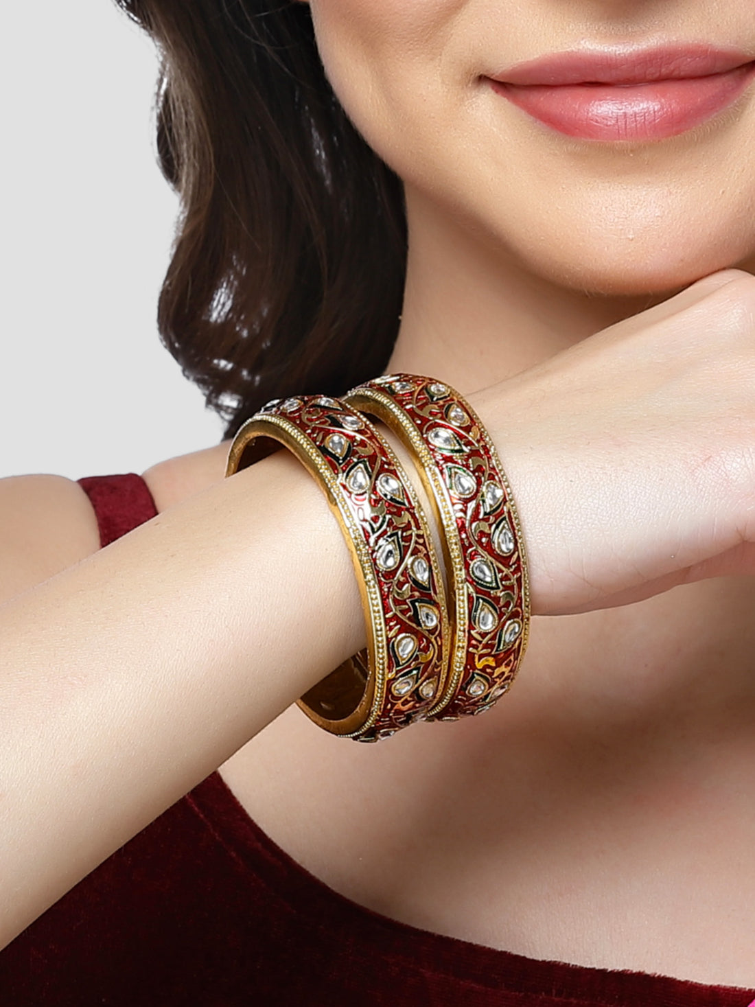 Karatcart Set of 2 Antique Red Meena Gold Plated Bangles for Women
