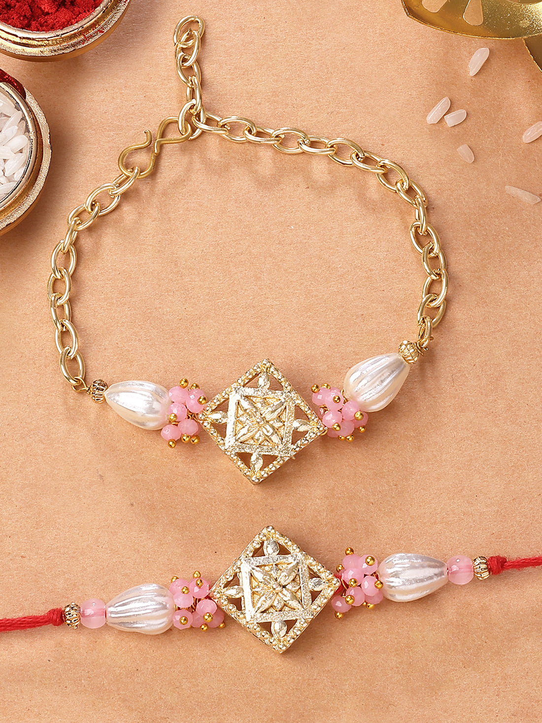 Karatcart Gold Plated Pink Crystal Floral Kundan Bhiya Bhabhi Rakhi with Roli & Chawal