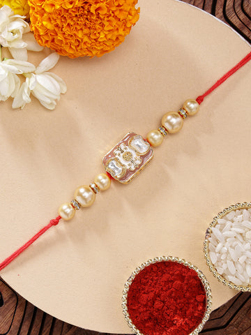 KARATCART Vibrant Brown Meena Golden Pearl Handmade Kundan Rakhi for Brother with Roli & Chawal