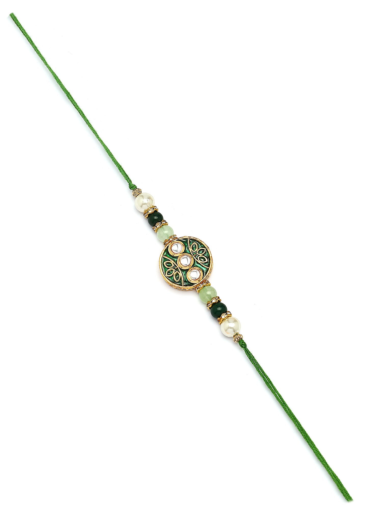 Karatcart Set of 4 Round Floral Design Enamel Kundan Rakhi for Brother with Roli & Chawal