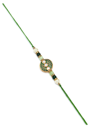 Karatcart Set of 4 Round Floral Design Enamel Kundan Rakhi for Brother with Roli & Chawal