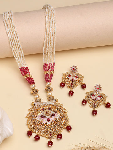 Karatcart Gold Plated Red Beads Studded Kundan Rani Haar Necklace Set for Women