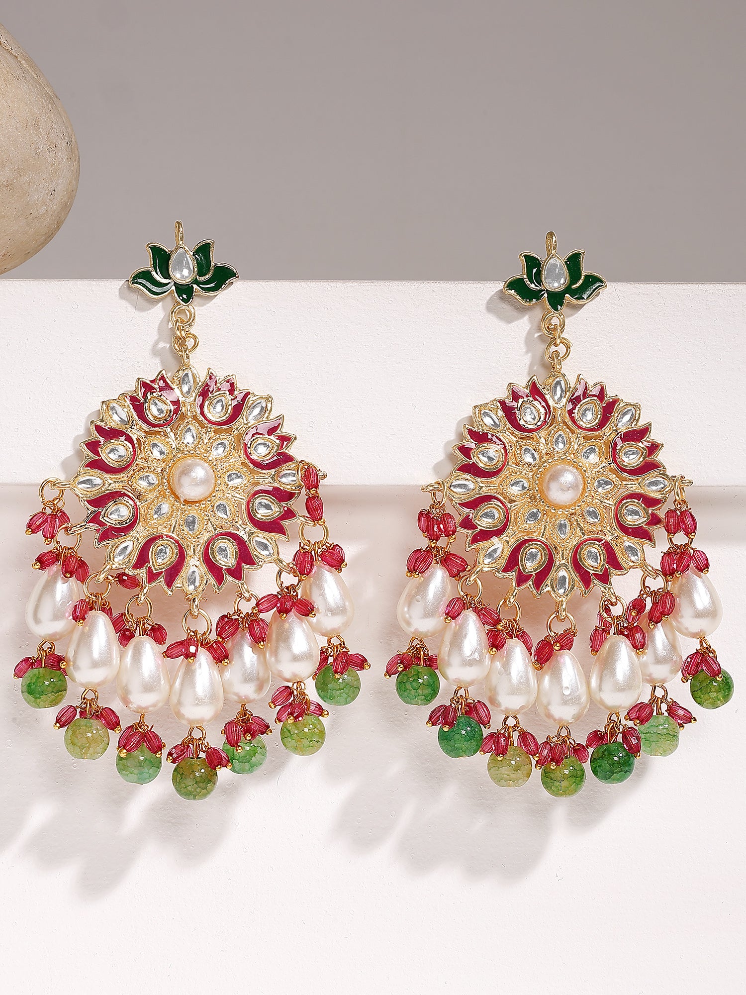 KARATCART Gold-Plated Floral Pink Meena Green Beads Kundan Dangler Earrings for Women - view 3