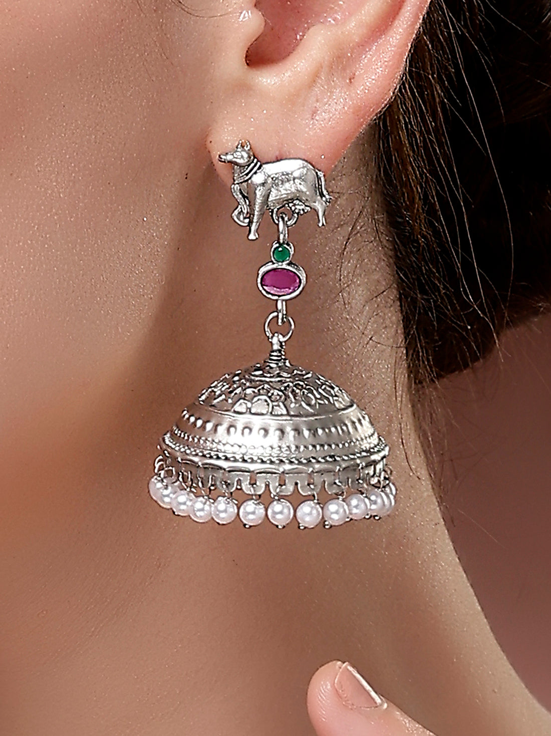 Karatcart Oxidized Silver Jhumka Earrings with Cow Motif & Pearl Drops