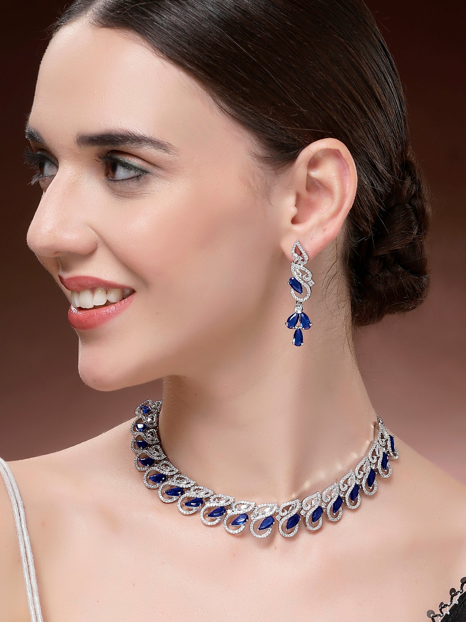 Karatcart Sparkling Blue Drop American Diamond Silver Plated Necklace Set for Women - view 2