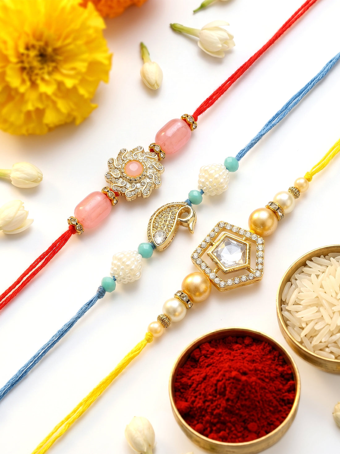 KARATCART Set of 3 Handmade Polki Kundan Rakhis for Brother with Roli & Chawal