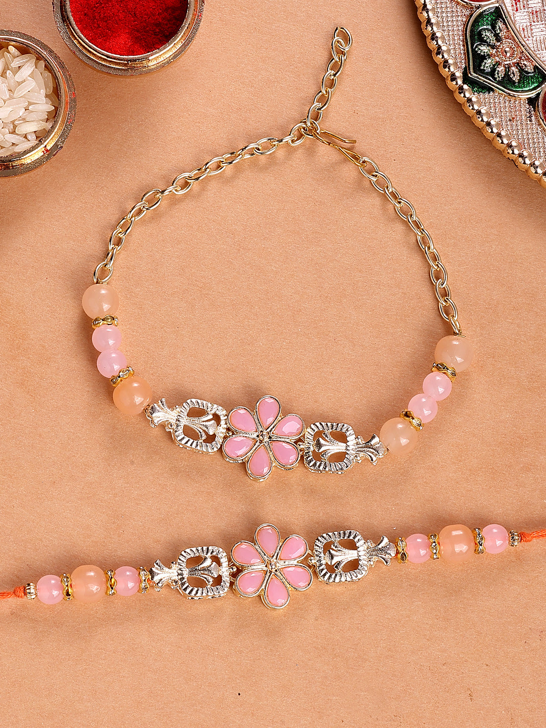 Karatcart Gold Plated Pink Floral Kundan Bhiya Bhabhi Rakhi with Roli & Chawal