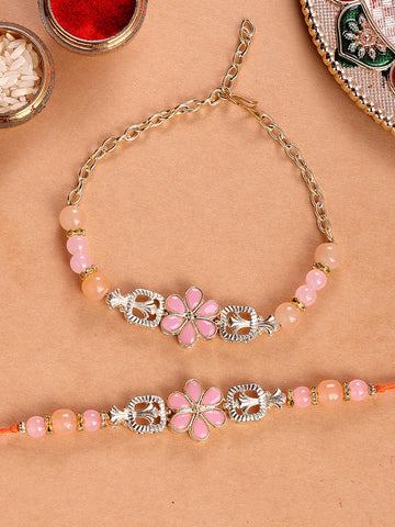 KARATCART Gold Plated Pink Floral Kundan Bhaiya Bhabhi Rakhi with Roli & Chawal