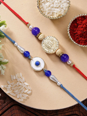 KARATCART Set of 2 Blue Meena Evil Eye Handmade Kundan Rakhi for Brother with Roli & Chawal