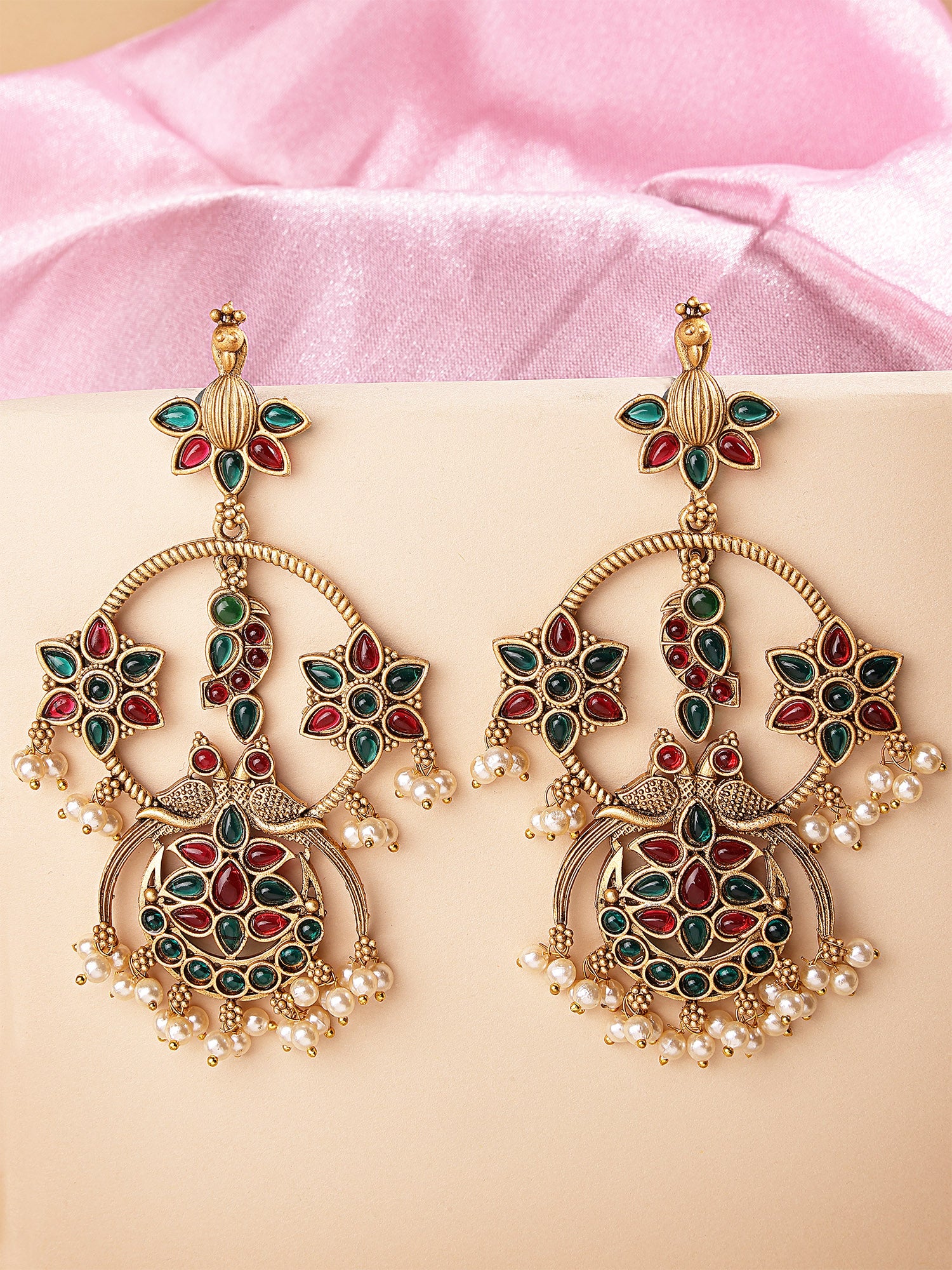 Karatcart Gold Plated Floral Design Red and Green Kundan Dangler Earrings for Women