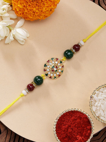 KARATCART Designer Floral Design Red and Green Meena Handmade Rakhi for Brother with Roli Chawal