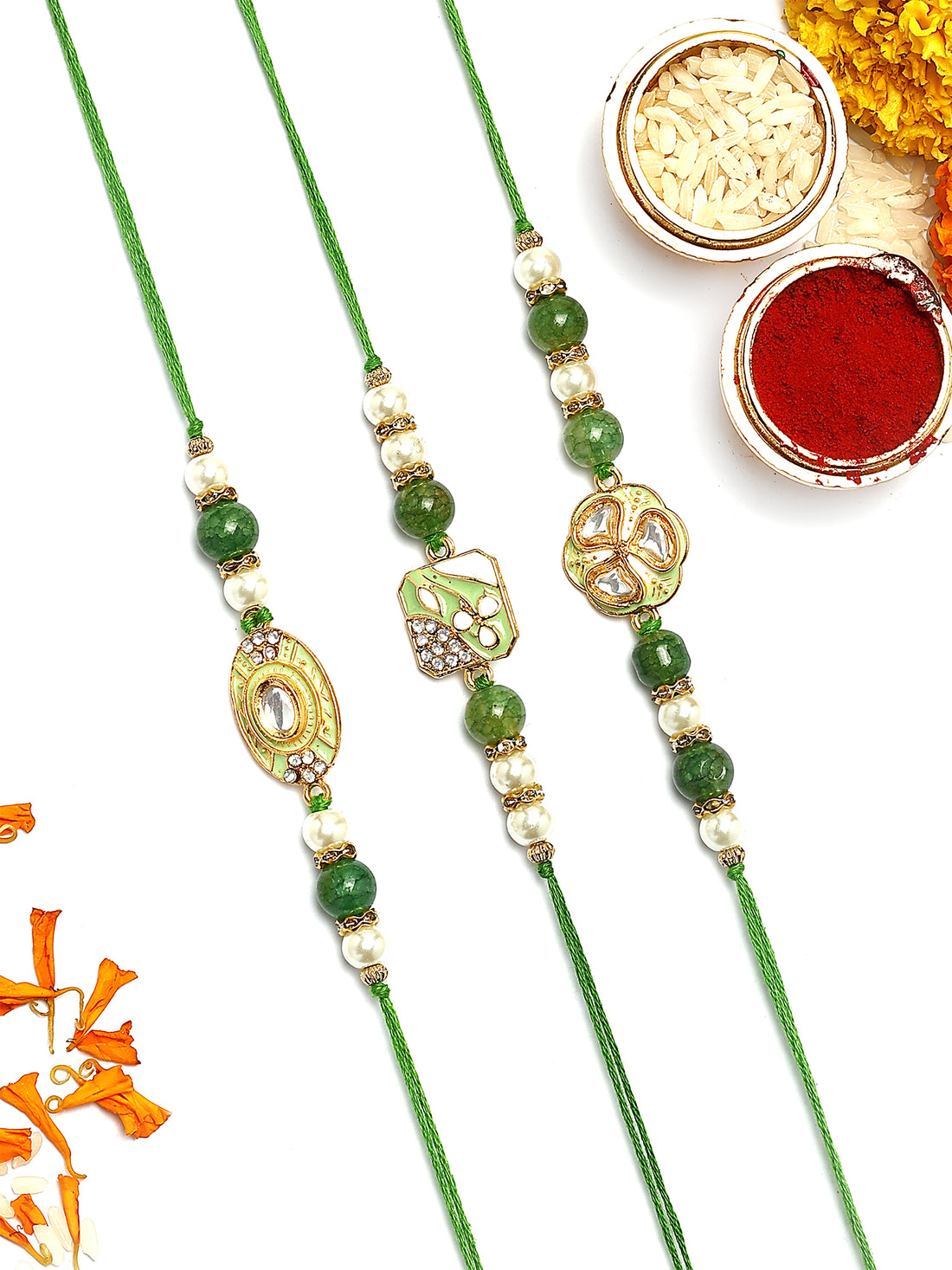 KARATCART Set of 3 Pastel Green Enamel Kundan Rakhi for Brother with Roli & Chawal