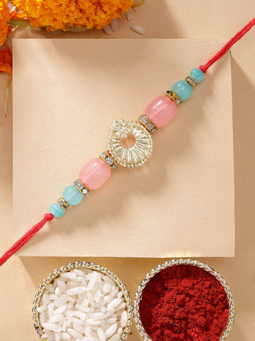 KARATCART Beautiful Pink and Light Blue Beads Handmade Kundan Rakhi for Brother with Roli & Chawal