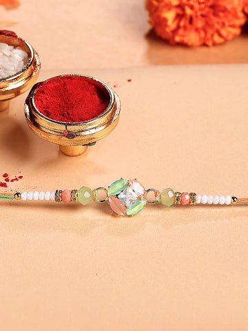 KARATCART Peach and Lime Green Rhinestones Bhaiya Rakhi with Roli & Chawal